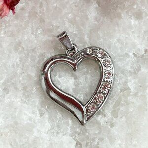 Vintage Silver Tone Rhinestone Heart Shaped Retro Love Pendant | Charm | Trinket